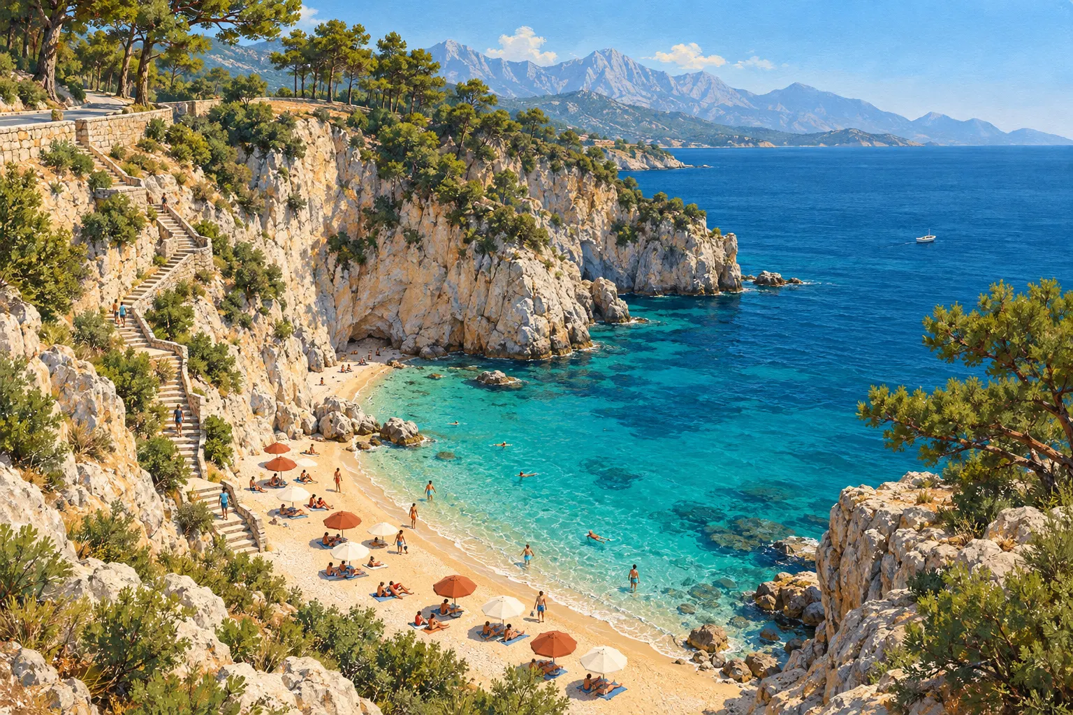 Illustration: eine kleine Bucht mit goldenem Sand unter steilen Kalksteinfelsen an der Küste von Antalya, mit Steinstufen von der Straße hinunter, türkisfarbenem Wasser und einigen Schwimmern