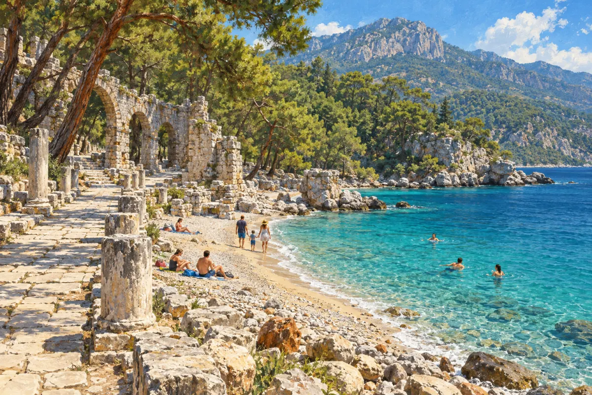 Illustration: Schwimmer in klarem türkisfarbenem Wasser neben den Steinmauern und Säulen einer römischen Ruine, die bis zu einem kleinen Kiesstrand reichen, mit Kiefern und Bergen im Hintergrund