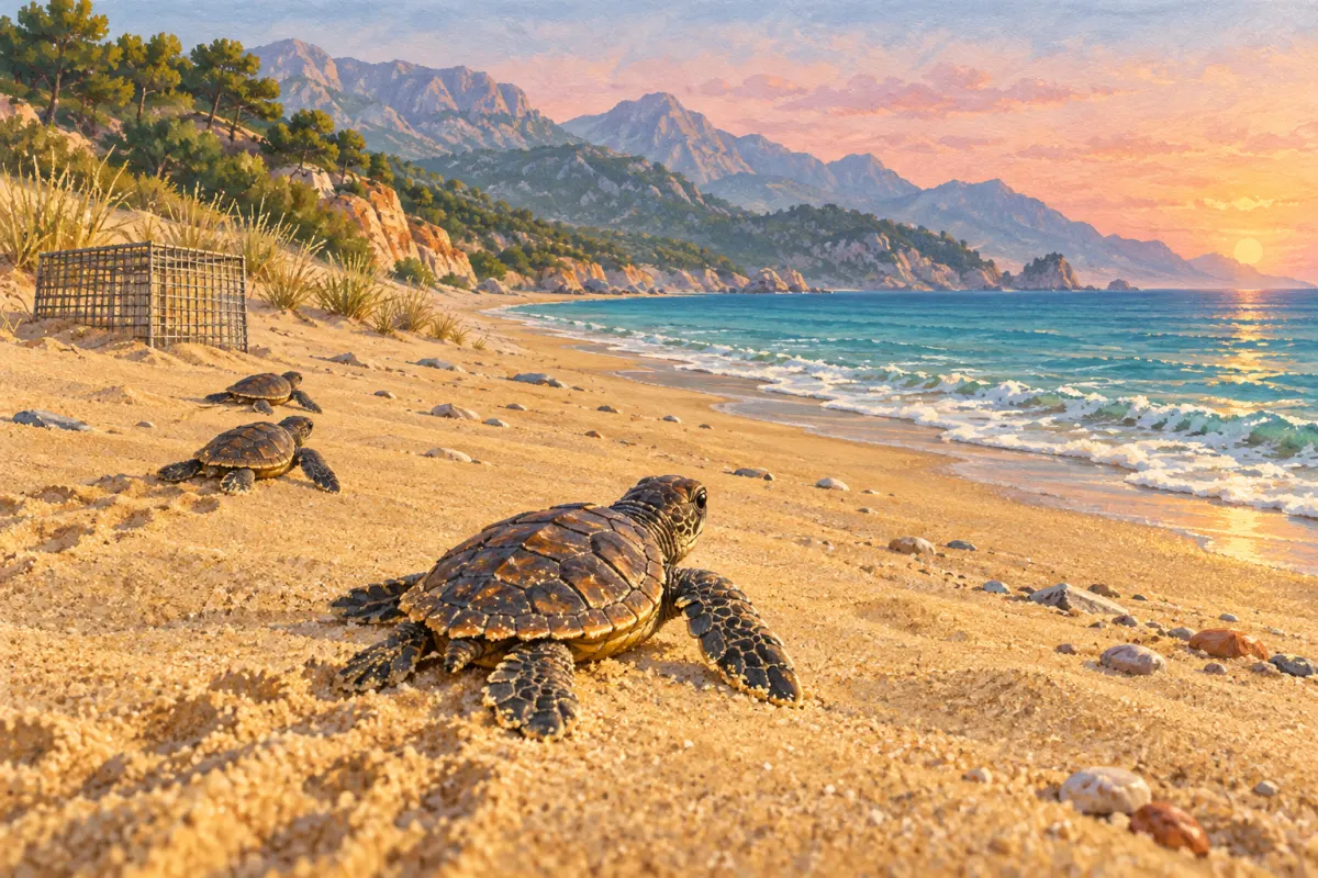 Illustration: ein Jungtier der Unechten Karettschildkröte, das im Morgengrauen über goldenen Sand zum Meer kriecht, neben einem Drahtkäfig zum Schutz eines Nestes