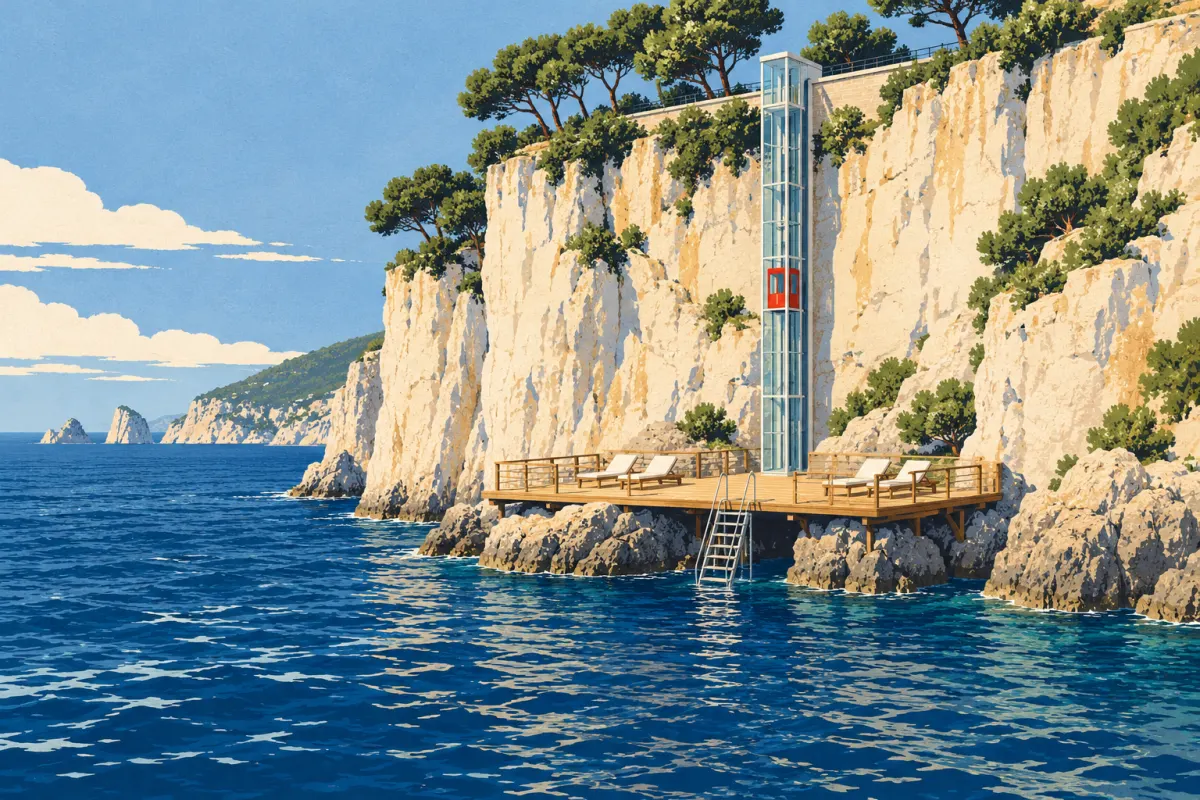 Ilustrație: o platformă din lemn, o scară de acces &icirc;n mare și un lift la baza unei faleze