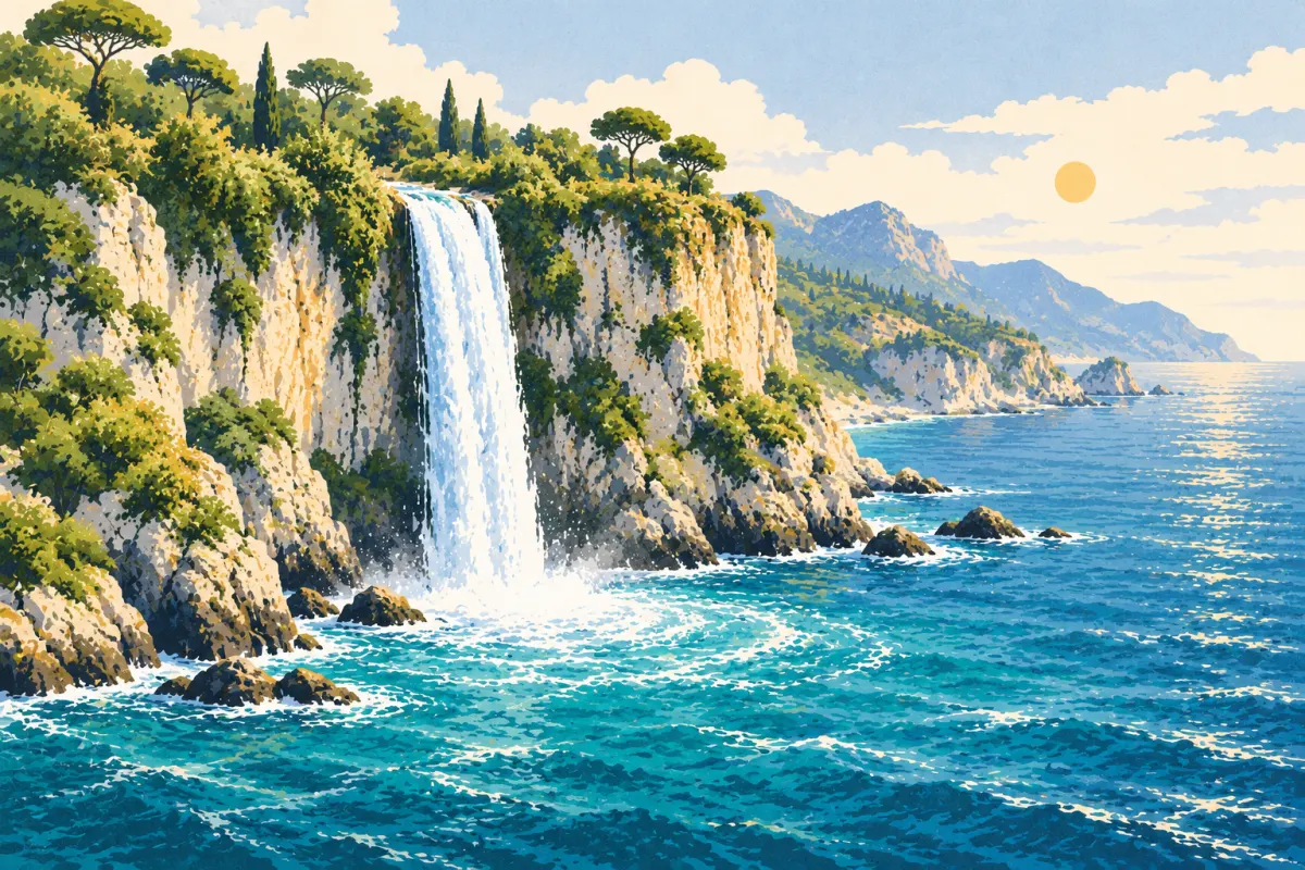 Ilustrație: o cascadă care cade direct &icirc;n mare de pe o faleză cu arbori &icirc;n v&acirc;rf