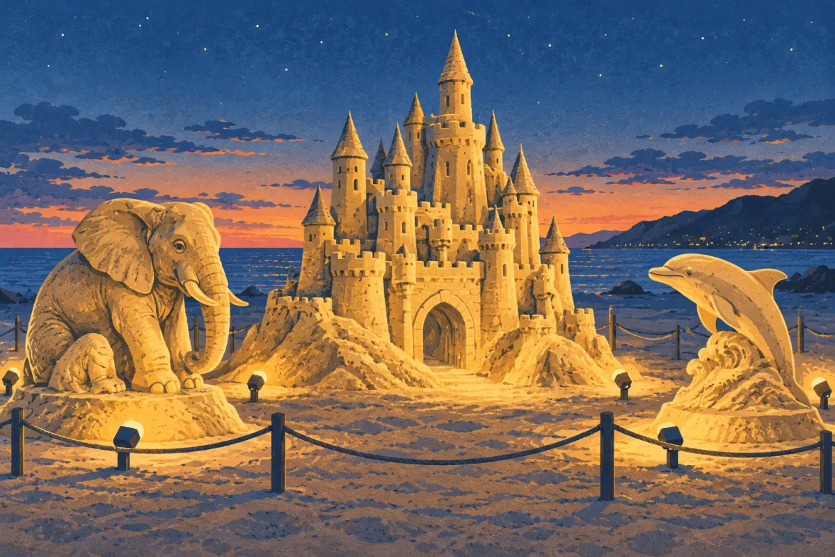 Ilustrație: un castel de nisip cu turnuri, un elefant și un delfin din nisip, iluminați de reflectoare la amurg