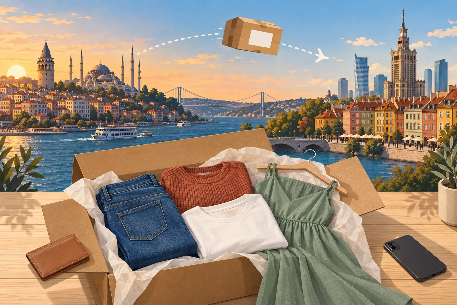 Ilustracja: po lewej Stambuł z wieżą Galata, meczetem i Bosforem, po prawej Warszawa z Pałacem Kultury i kamienicami Starego Miasta; między nimi leci paczka, a na stole na pierwszym planie otwarte pudełko z dżinsami, swetrem, białą koszulką i zieloną sukienką