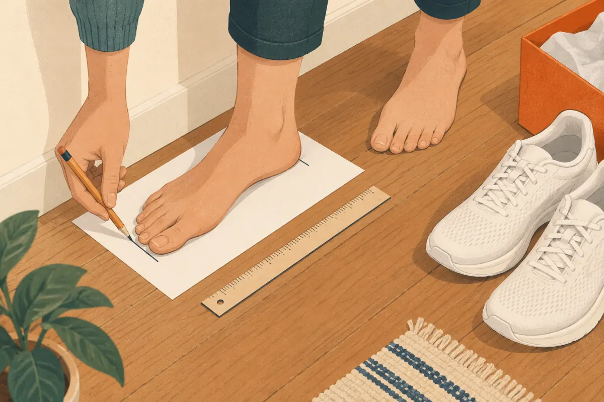 Illustrazione: un piede su un foglio di carta appoggiato su un pavimento rigido, segni in corrispondenza del tallone e del dito più lungo, accanto un righello senza numeri
