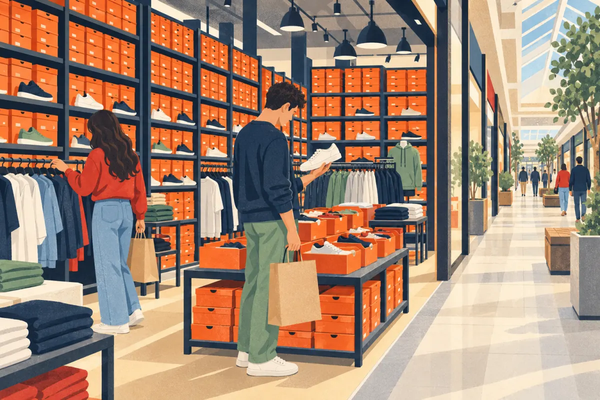 Illustrazione: un outlet di scarpe sportive con file di scatole arancioni accanto a una lunga galleria commerciale