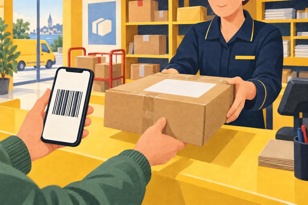Illustrazione: un cliente consegna un pacco sigillato al banco giallo di un ufficio postale; sul telefono un semplice codice a barre