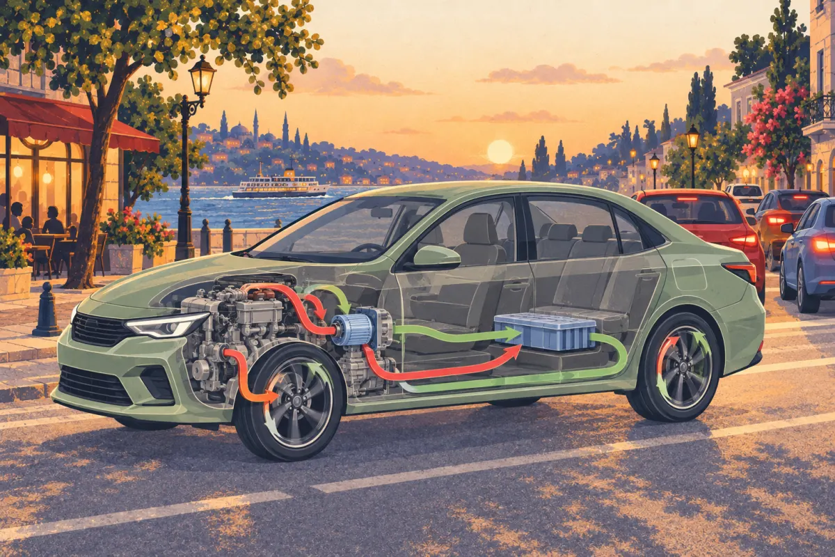 Ilustraci&oacute;n: una berlina conceptual en corte muestra los flujos de energ&iacute;a entre el motor de gasolina, el motor el&eacute;ctrico, la bater&iacute;a y las ruedas