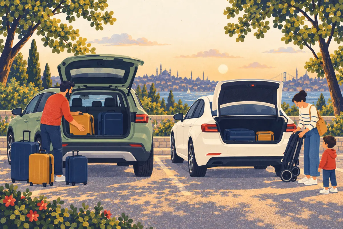 Ilustraci&oacute;n: una familia prueba maletas y un cochecito plegado junto a un crossover y una berlina con los maleteros abiertos