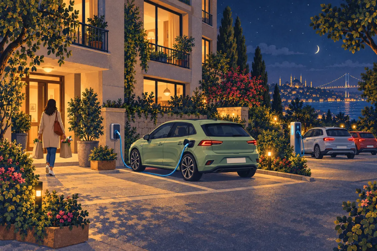 Illustrazione: una compatta elettrica in ricarica di notte nel cortile di un condominio, mentre un'altra auto attende accanto a una colonnina pubblica