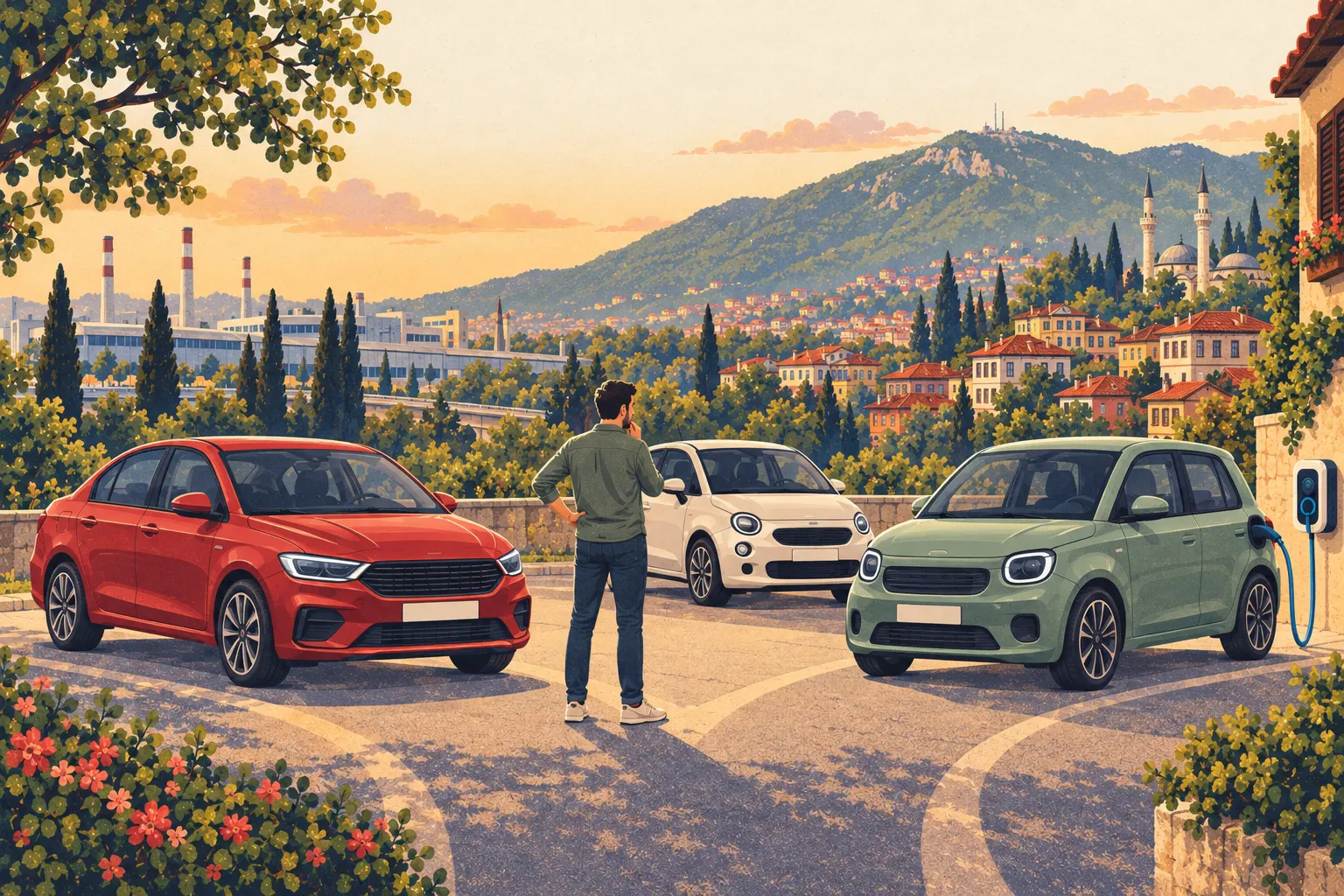 Illustrazione: un acquirente sceglie tra una berlina familiare rossa e una compatta elettrica verde salvia, accanto a una fabbrica turca e a palazzi residenziali