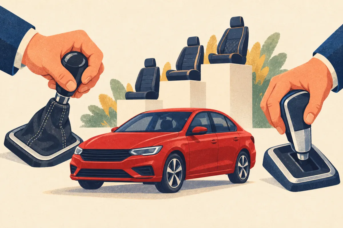 Illustrazione: una berlina rossa senza marchio tra le leve di un cambio manuale e di uno automatico, con tre sedili su gradini di altezza crescente alle sue spalle