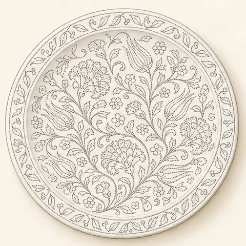 Ilustracja: biały talerz z samymi kropkowanymi konturami wzoru, bez koloru.