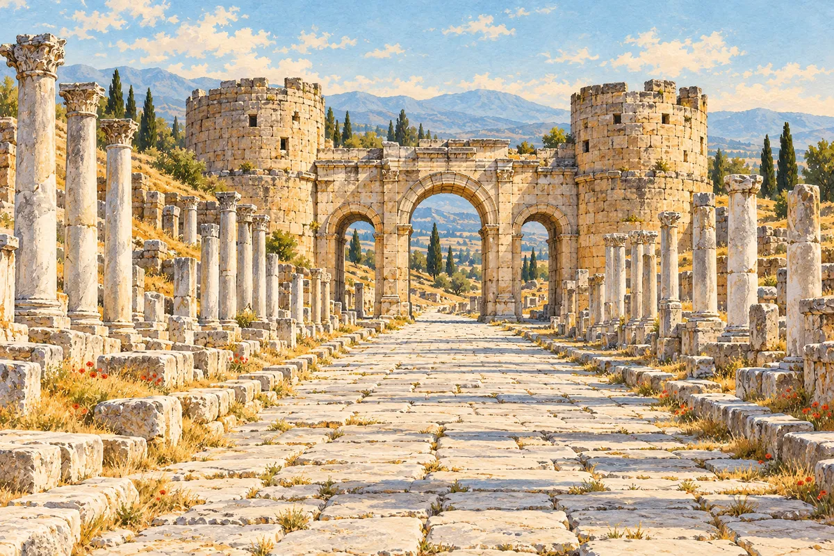 Ilustrație: Poarta Frontinus cu cele două turnuri rotunde, la capătul străzii cu colonade