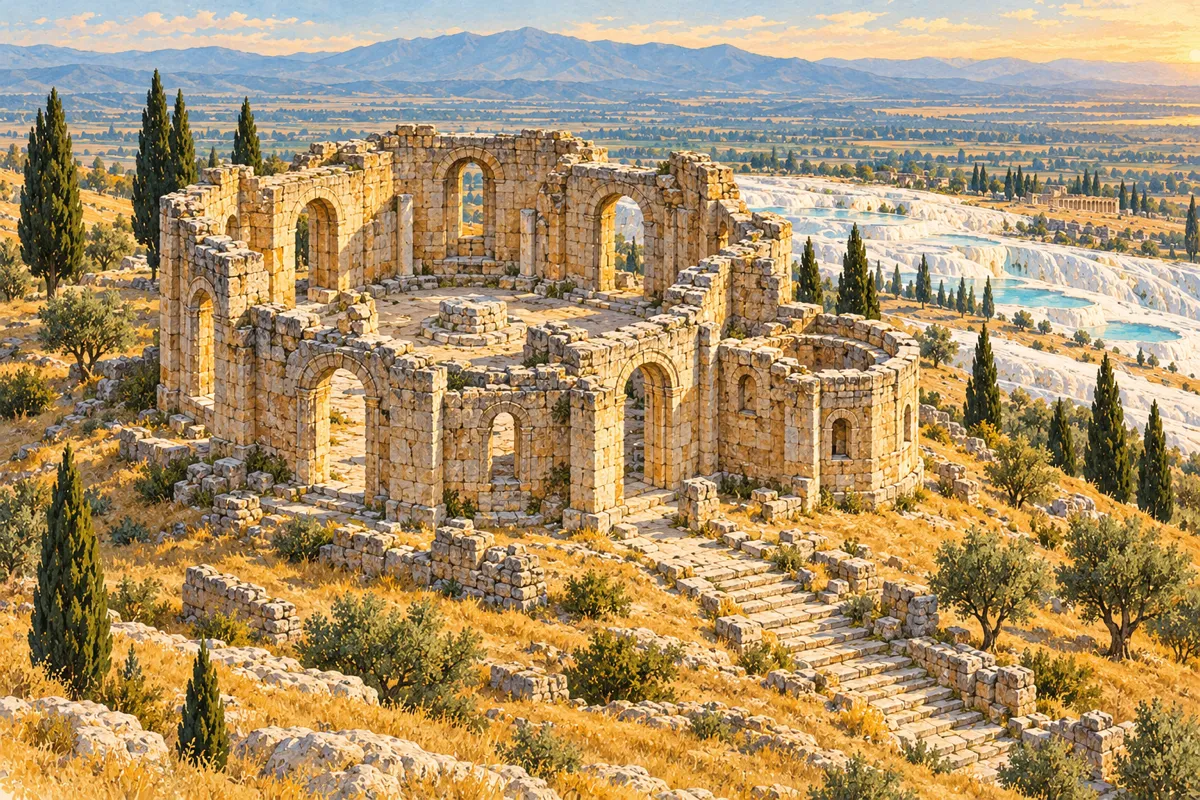 Ilustrație: ruinele Martyrionului octogonal al Sf. Filip pe dealul său, cu terasele albe de la Pamukkale în depărtare