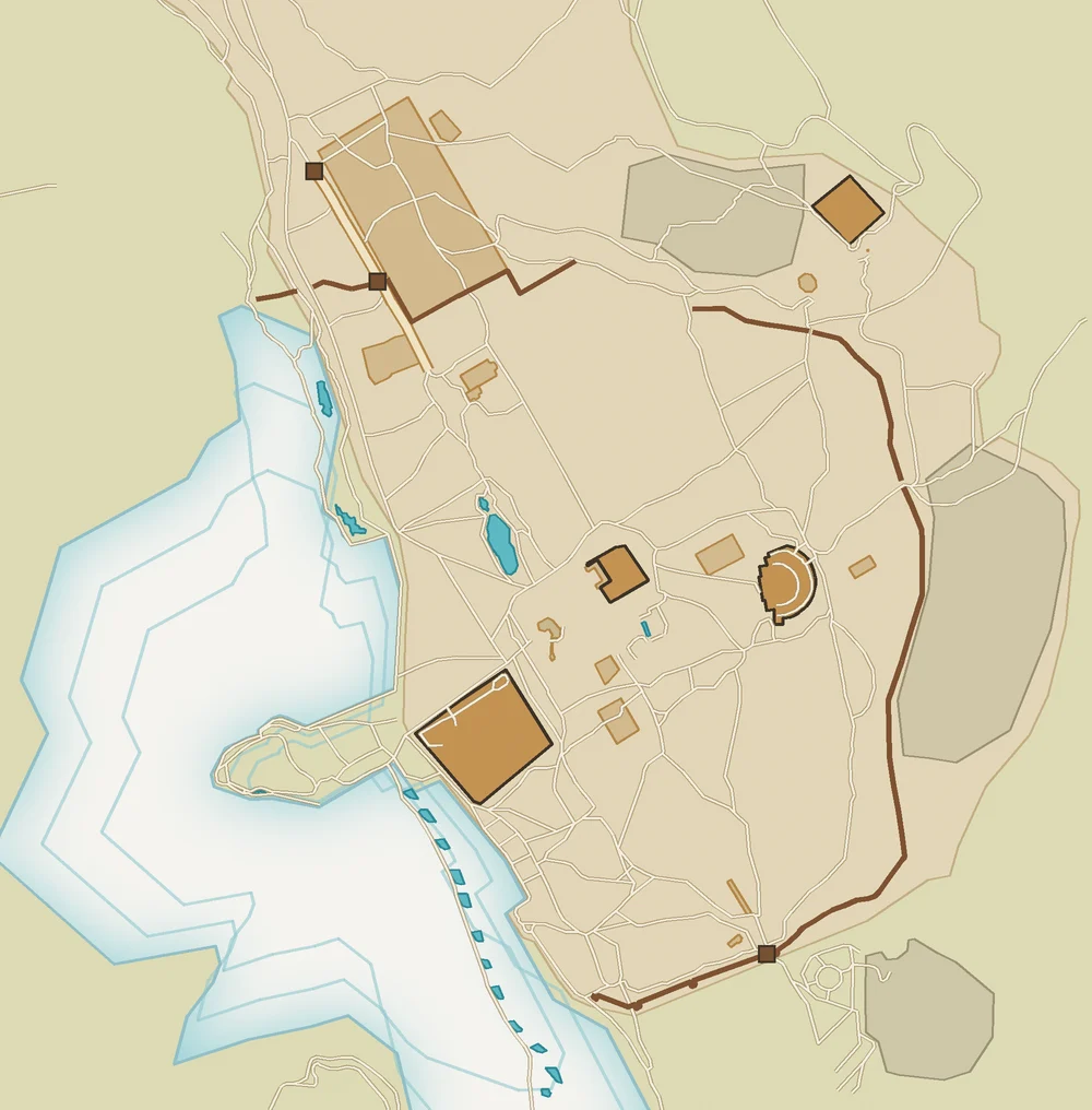 Ilustrație: planul sitului Hierapolis, realizat din datele OpenStreetMap: ruine, strada cu colonade, zidurile orașului, porți și travertinele albe de la Pamukkale spre sud-vest, cu nordul în partea de sus