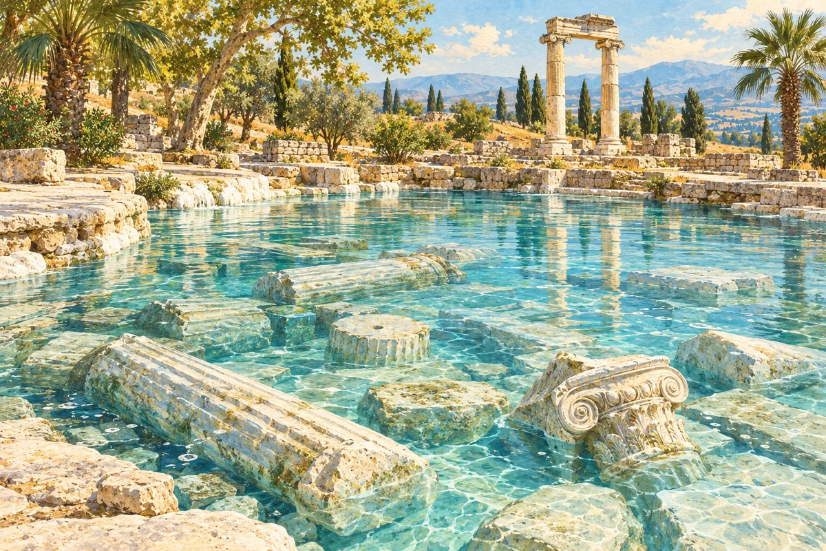 Ilustrație: coloane antice de marmură pe fundul Piscinei antice cu apă termală