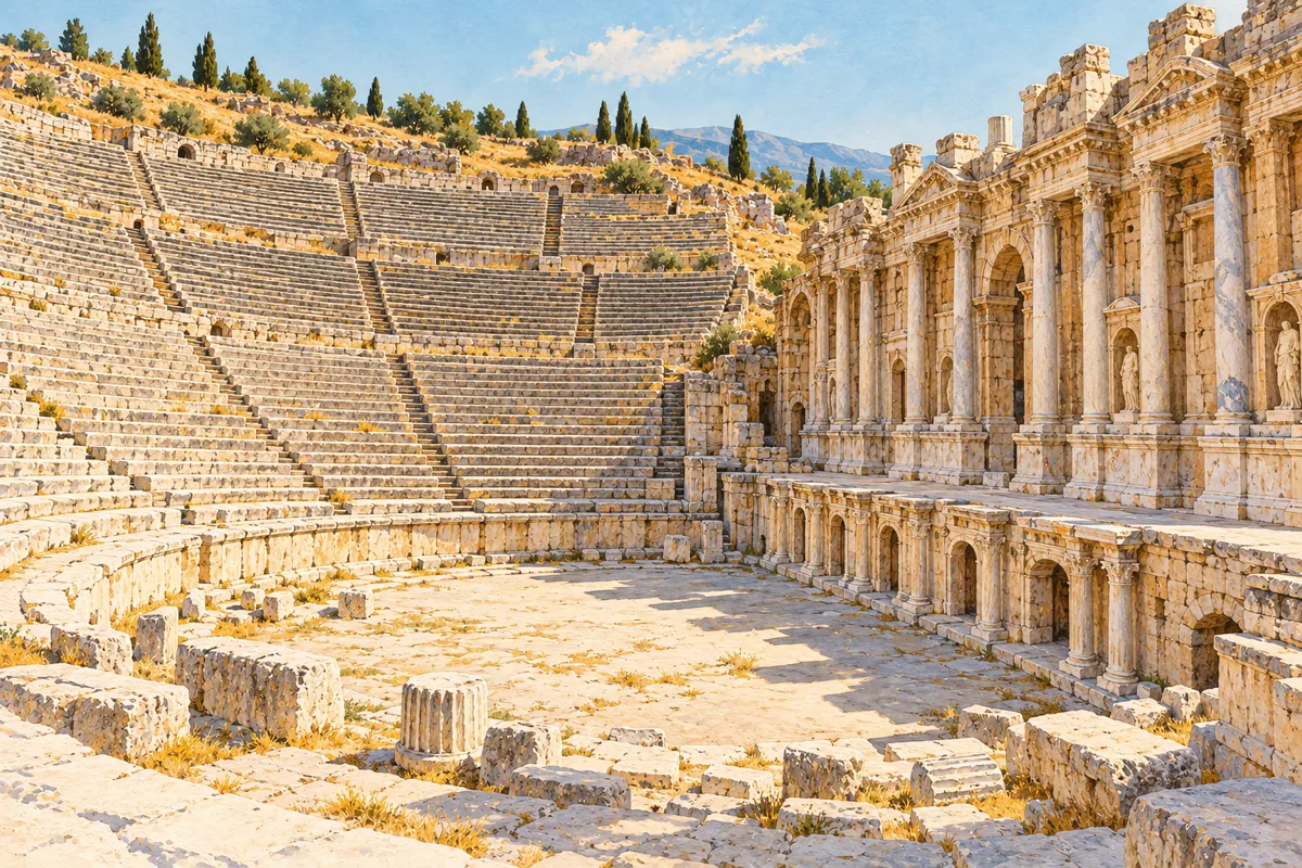 Ilustrație: teatrul roman din Hierapolis văzut de la nivelul spațiului circular, cu rândurile de scaune și clădirea scenei
