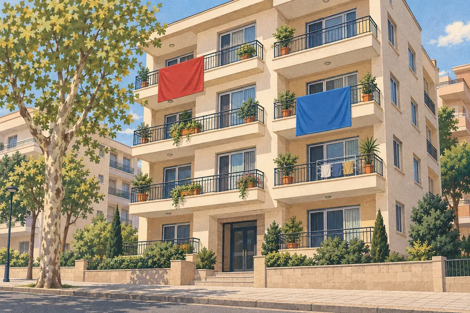 Illustration: a five-storey apartment block with a plain red cloth banner hanging from one balcony and a plain blue one from another