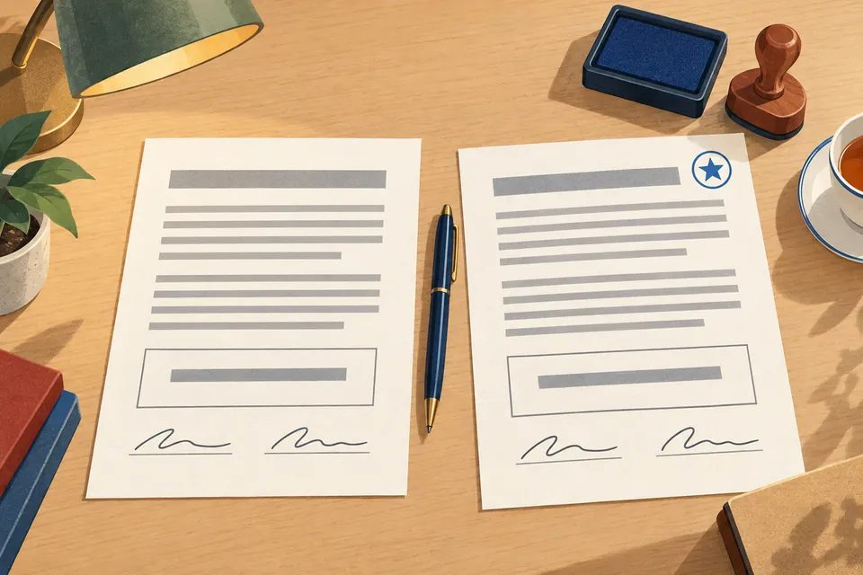 Illustration: two identical contract pages side by side on a desk, each with grey lines, a fee box and two signature scribbles, a pen between them and a round blue stamp on one corner