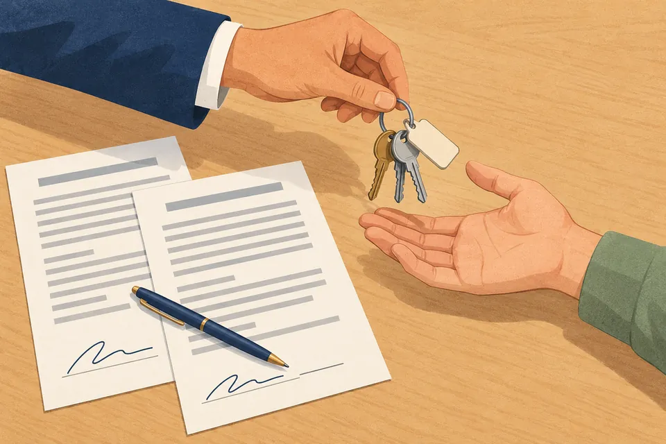 Illustration: a hand holding a bunch of keys over an open palm, two signed contract copies and a pen beside them