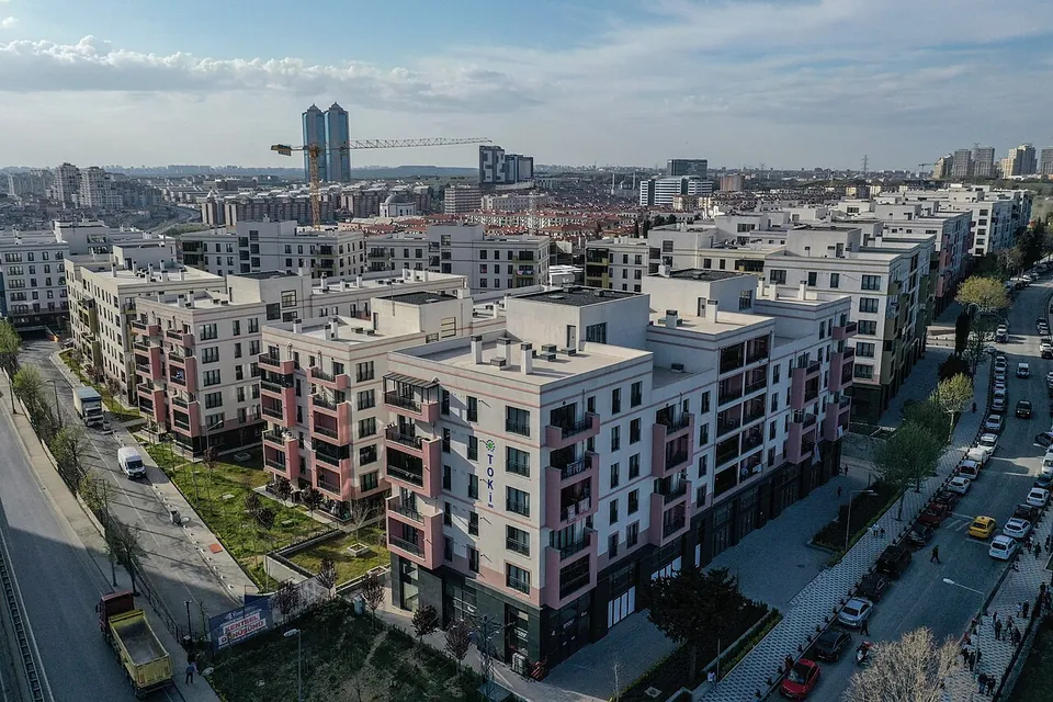 Aerial view of rows of new apartment blocks along a street in Istanbul