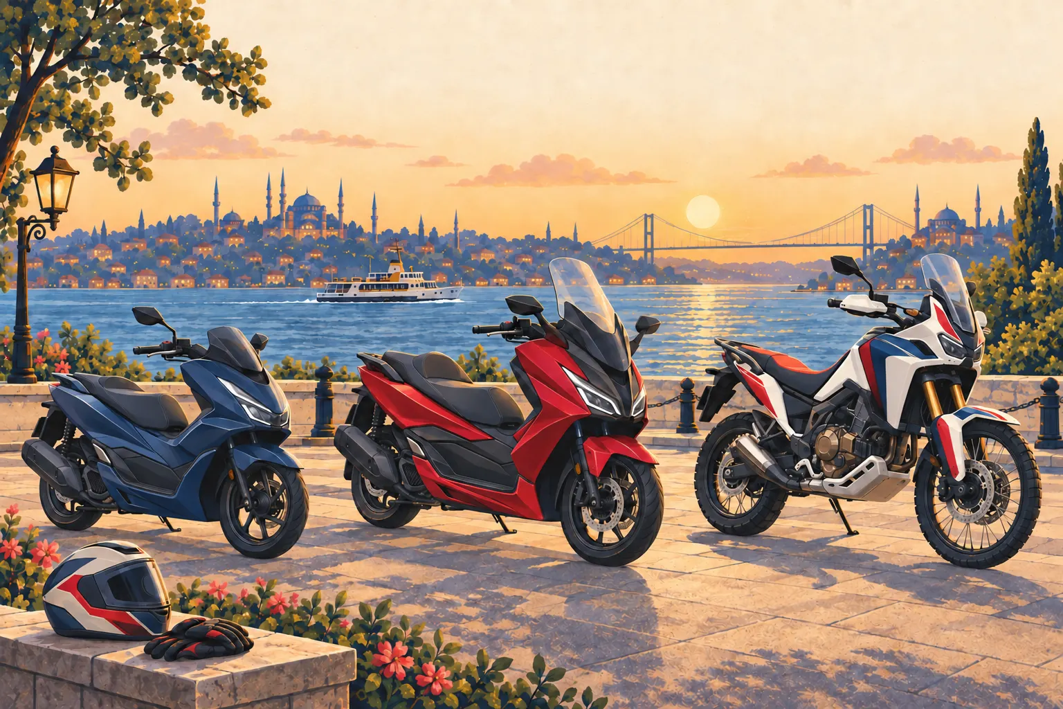 رسم توضيحي: سكوتر PCX125 صغير وسكوتر Forza 250 كبير أحمر اللون ودراجة Africa Twin مرتفعة بجانب البوسفور؛ خوذة وقفازات على الجدار في مقدمة الصورة.