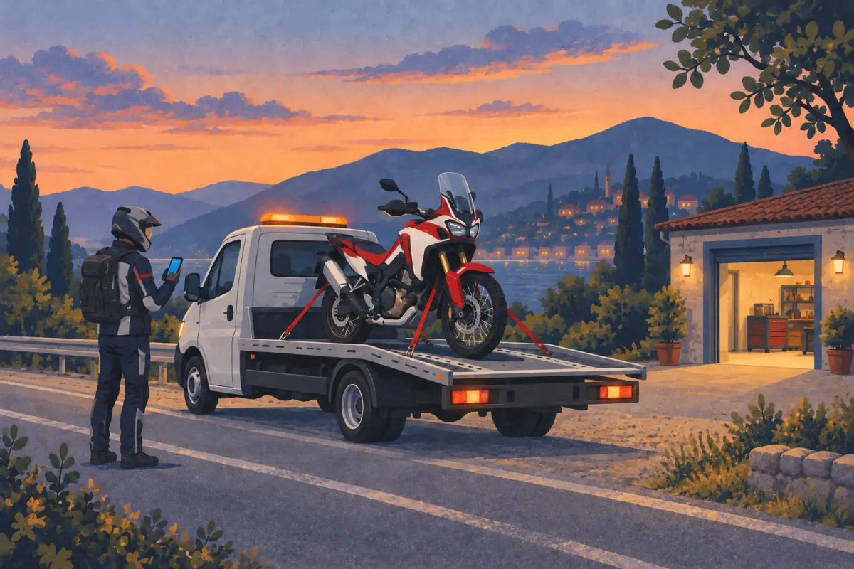 رسم توضيحي: دراجة Africa Twin مثبّتة على شاحنة نقل عند الغسق، بينما يتصل راكبها لطلب المساعدة بجانب ورشة.