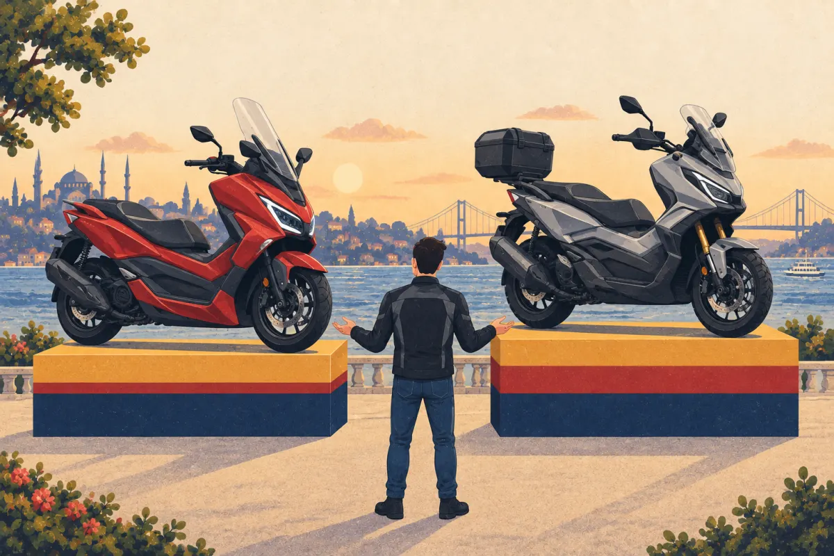 رسم توضيحي: Forza 250 حمراء وADV350 رمادية فوق طبقتين متساويتين باللون الكحلي تمثلان السعر الأساسي، مع طبقة ضريبية حمراء أكثر سمكًا تحت السكوتر الأكبر.