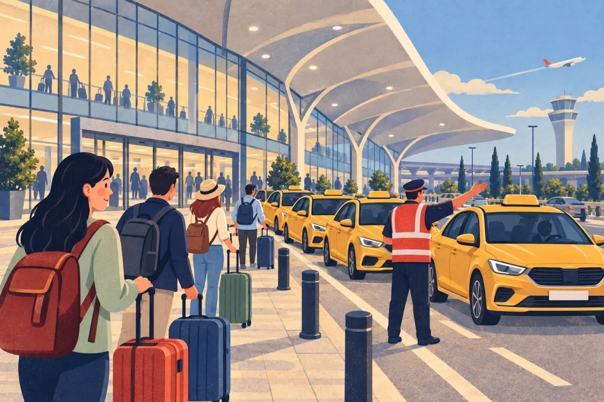 Illustration: yellow taxis lined up outside Istanbul Airport arrivals, travellers with luggage and a dispatcher