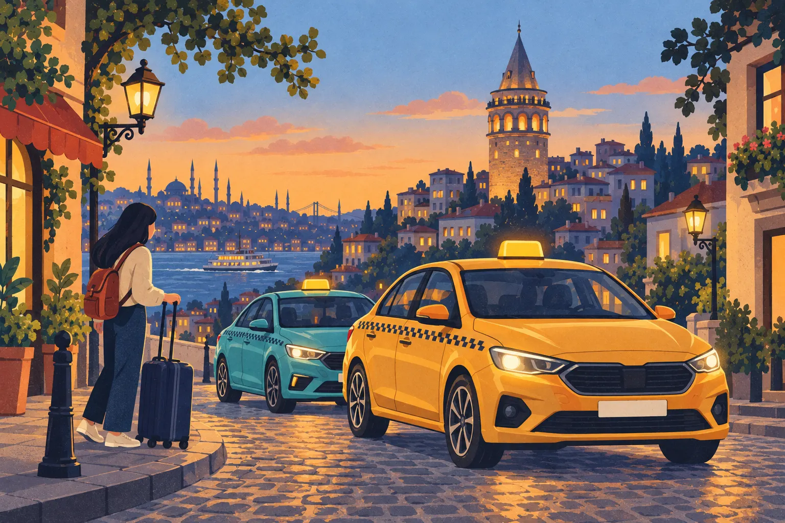 Illustration: a yellow taxi below Galata Tower at dusk, a turquoise taxi behind it and a traveller with a suitcase
