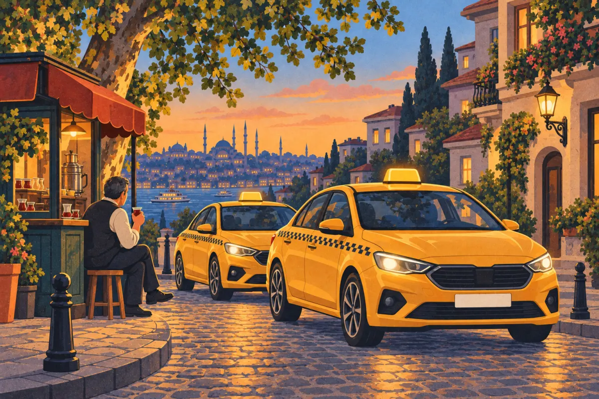 Illustration: a neighbourhood taxi stand with a kiosk, two yellow taxis and a driver drinking tea