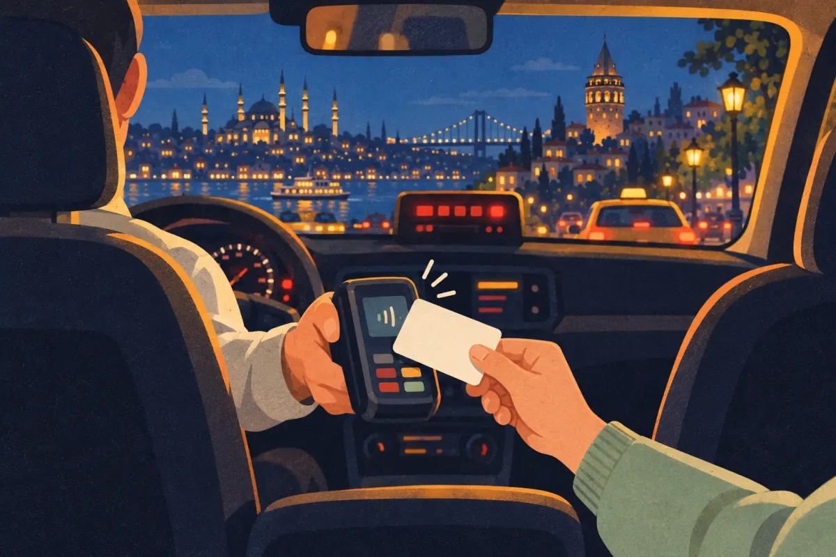 Illustration: a passenger pays by card in a taxi at night, with an abstract red meter glow on the dashboard
