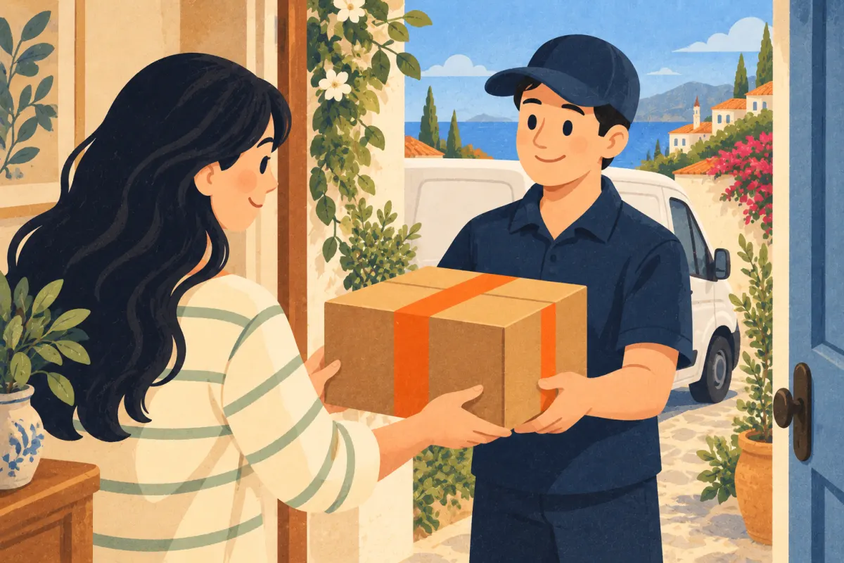 Illustrazione: un corriere consegna un pacco alla porta di un appartamento in Turchia, mentre un furgone aspetta fuori