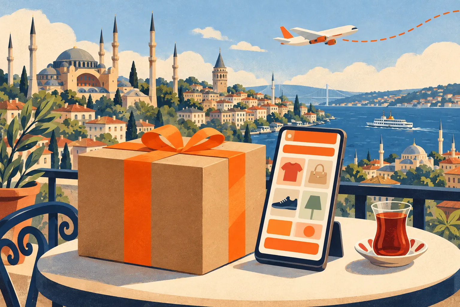 Illustrazione: un tavolo su un balcone sopra i tetti di Istanbul con un telefono che mostra un'app di acquisti, un pacco sigillato con nastro arancione e un bicchiere di tè; un aereo cargo lascia una linea tratteggiata arancione nel cielo