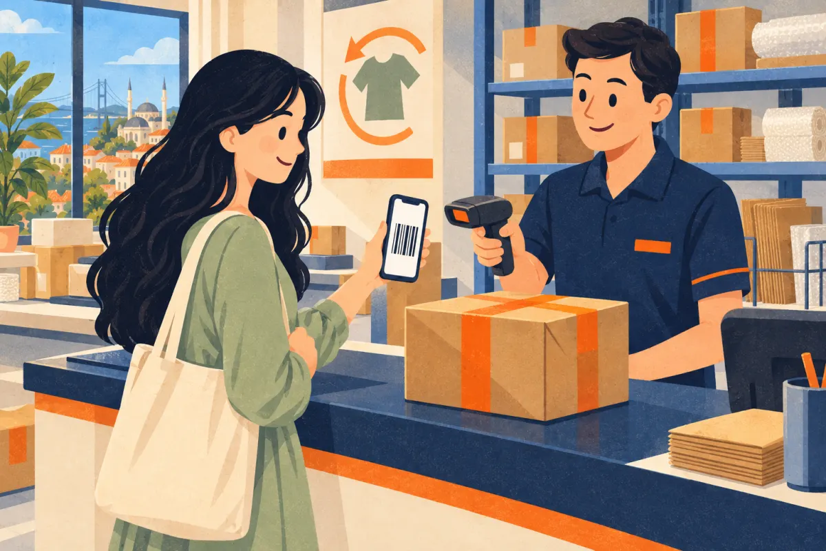 Illustrazione: una cliente mostra un codice sul telefono all'addetto di un punto spedizioni, con una scatola sigillata sul bancone