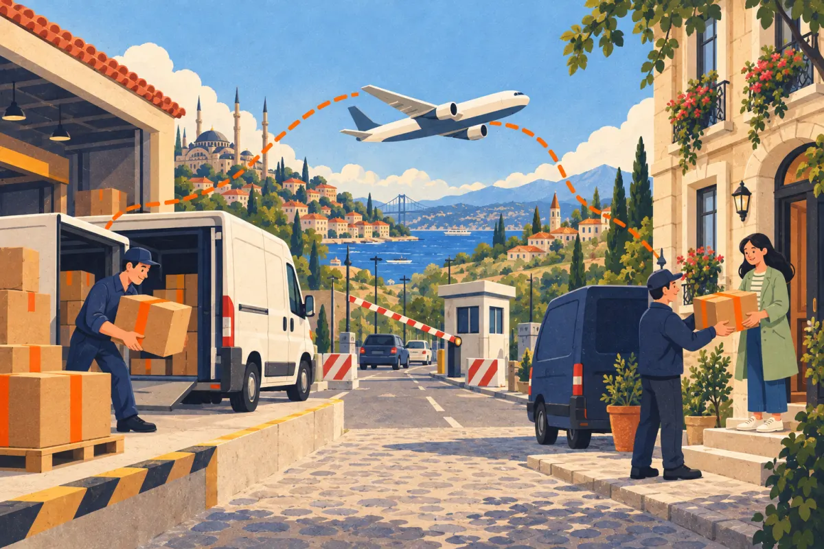 Illustrazione: un pacco parte da una banchina di carico in Turchia e viaggia in aereo e furgone fino alla porta di un appartamento in un condominio europeo