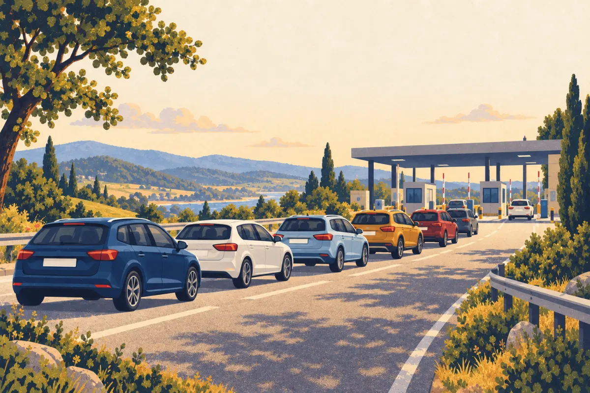 Illustration : une route menant à un poste-frontière le matin, avec une file de voitures sans inscriptions