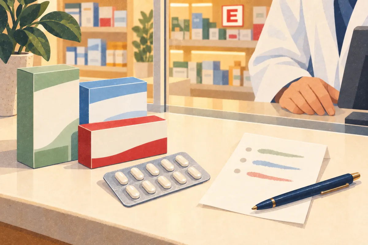 Illustration : un comptoir de pharmacie avec des boîtes, une plaquette de comprimés, une liste et un stylo, un pharmacien et un E rouge lumineux au mur