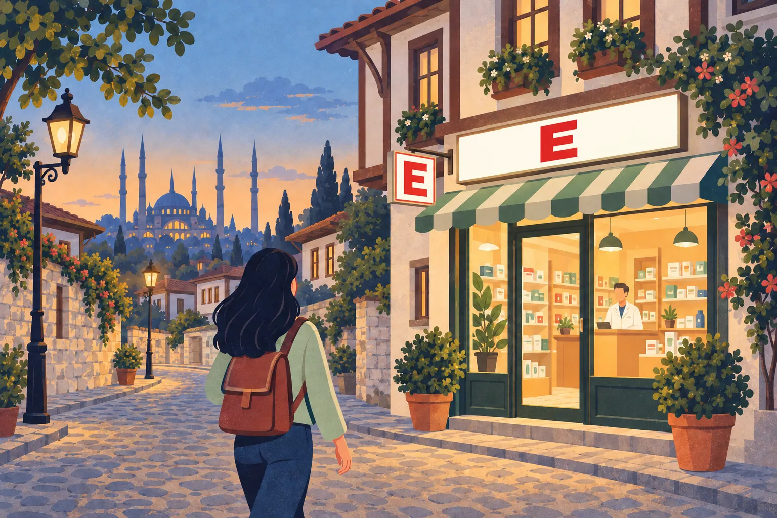 Illustration : une rue en Turquie au crépuscule, une pharmacie avec un E rouge lumineux, un pharmacien derrière la vitrine et un passant de dos