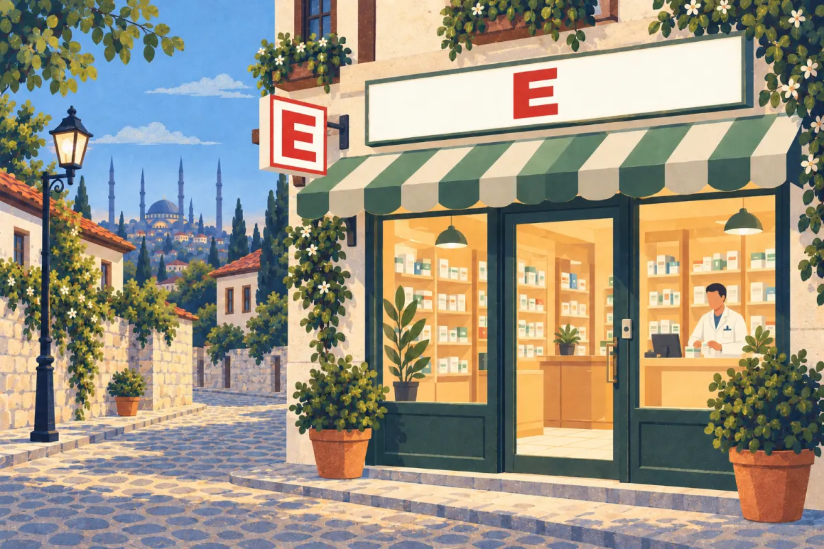 Illustration : une pharmacie en Turquie en journée, avec un E rouge sur une enseigne blanche, des médicaments en vitrine et un pharmacien