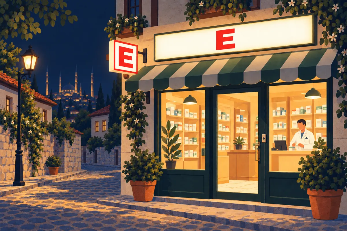 Illustration : la même pharmacie la nuit, avec un E rouge lumineux et une vitrine éclairée d’une lumière chaude, où se tient un pharmacien