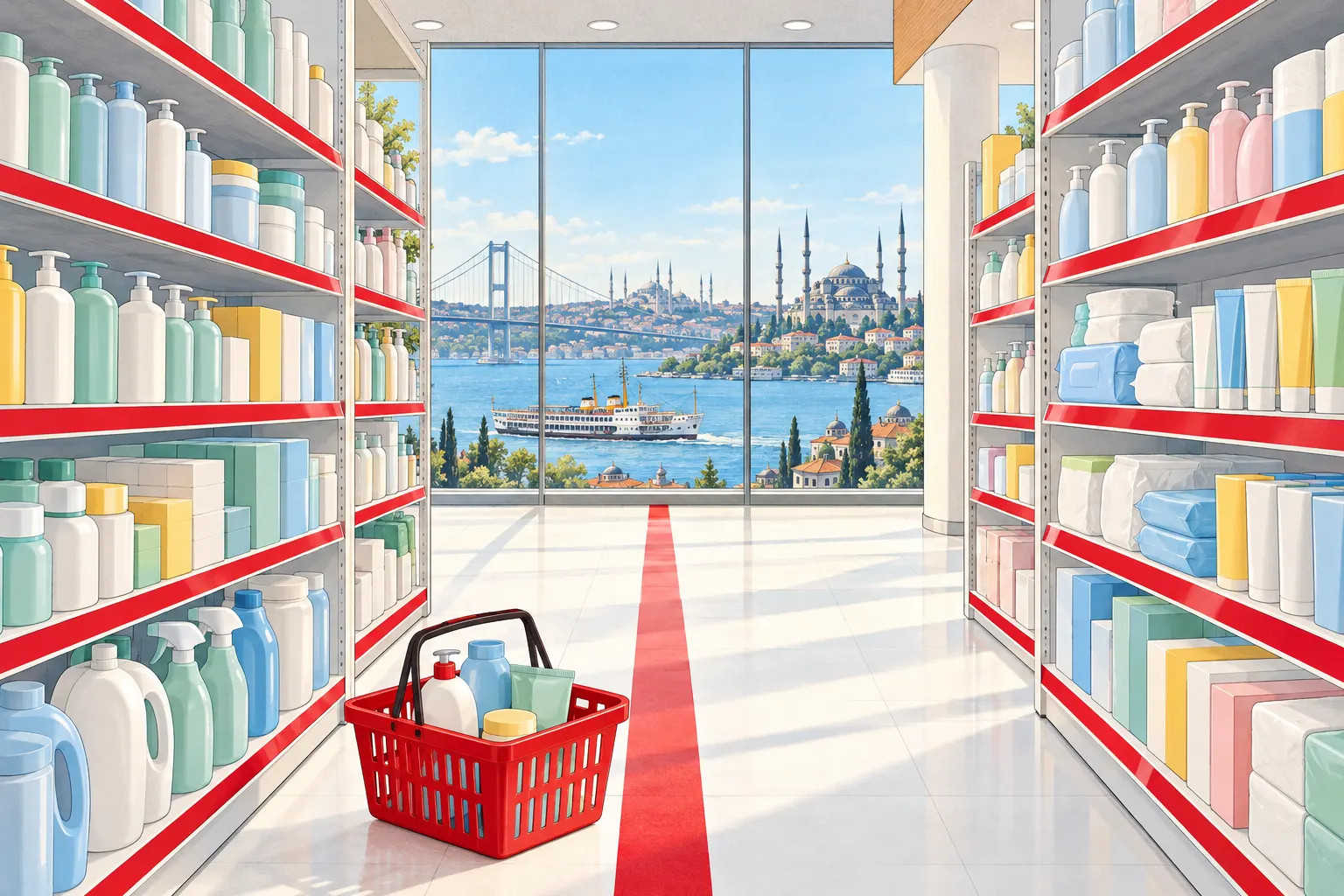 Illustration: ein heller Drogeriegang mit roten Regalleisten und schlichten Flaschen, Tuben und Schachteln auf beiden Seiten; auf dem Boden steht ein roter Einkaufskorb, und die Glaswand am Ende gibt den Blick auf den Bosporus mit einer Fähre, einer Hängebrücke und Moscheekuppeln frei
