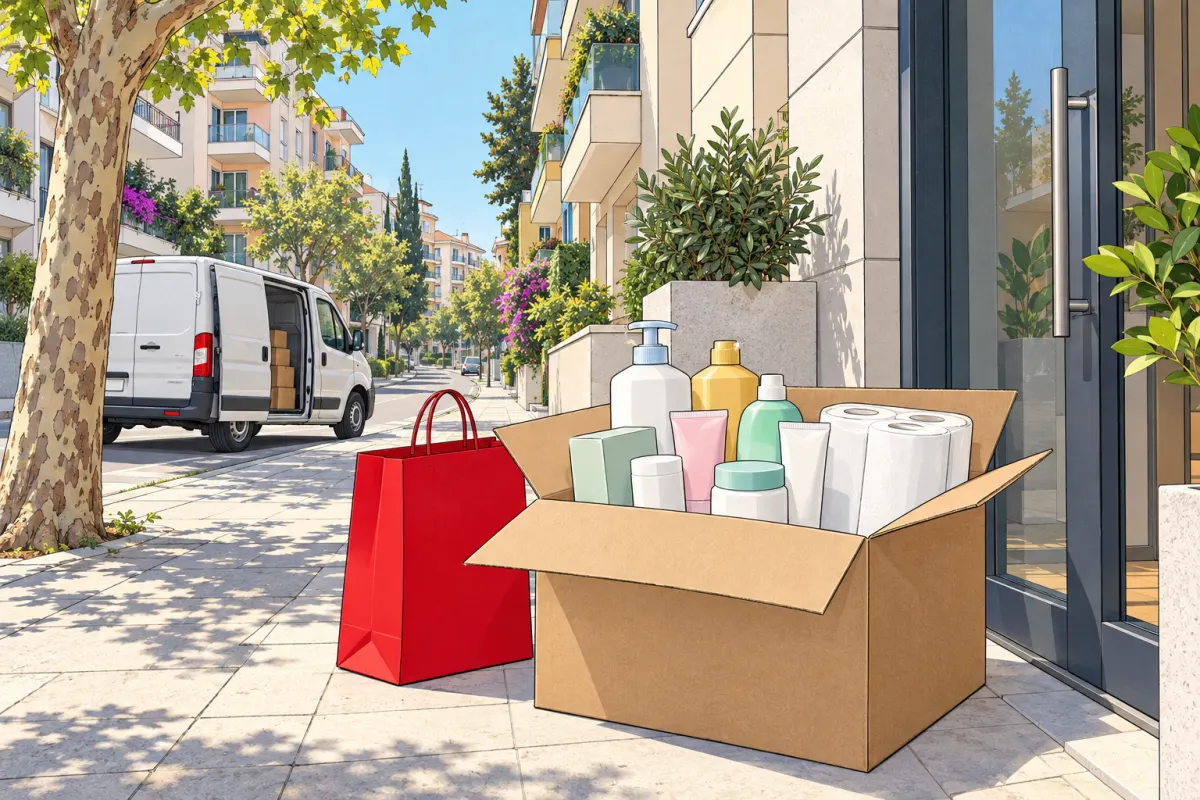 Illustration: in einer sonnigen Wohnstraße stehen ein offener Karton mit schlichten Flaschen, Tuben und Papierrollen sowie eine rote Papiertüte neben einer Tür; dahinter steht ein weißer Lieferwagen mit offener Seitentür