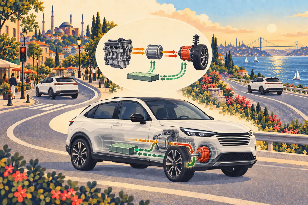 رسم توضيحي: Honda HR-V باللون الكريمي مع مقطع تجريدي يُظهر محرك بنزين ومولّدًا ومحركًا كهربائيًا وبطارية، بين حركة المرور في المدينة وطريق ساحلي؛ تصوير مفاهيمي لتدفق الطاقة وليس رسمًا هندسيًا