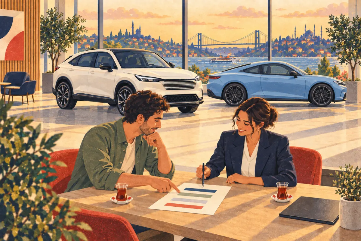 رسم توضيحي: مشترٍ لسيارة Honda ومستشار يقارنان عرض سعر مفصّلًا مع كوبَي شاي تركي، وتظهر HR-V وPrelude خلف واجهة المعرض