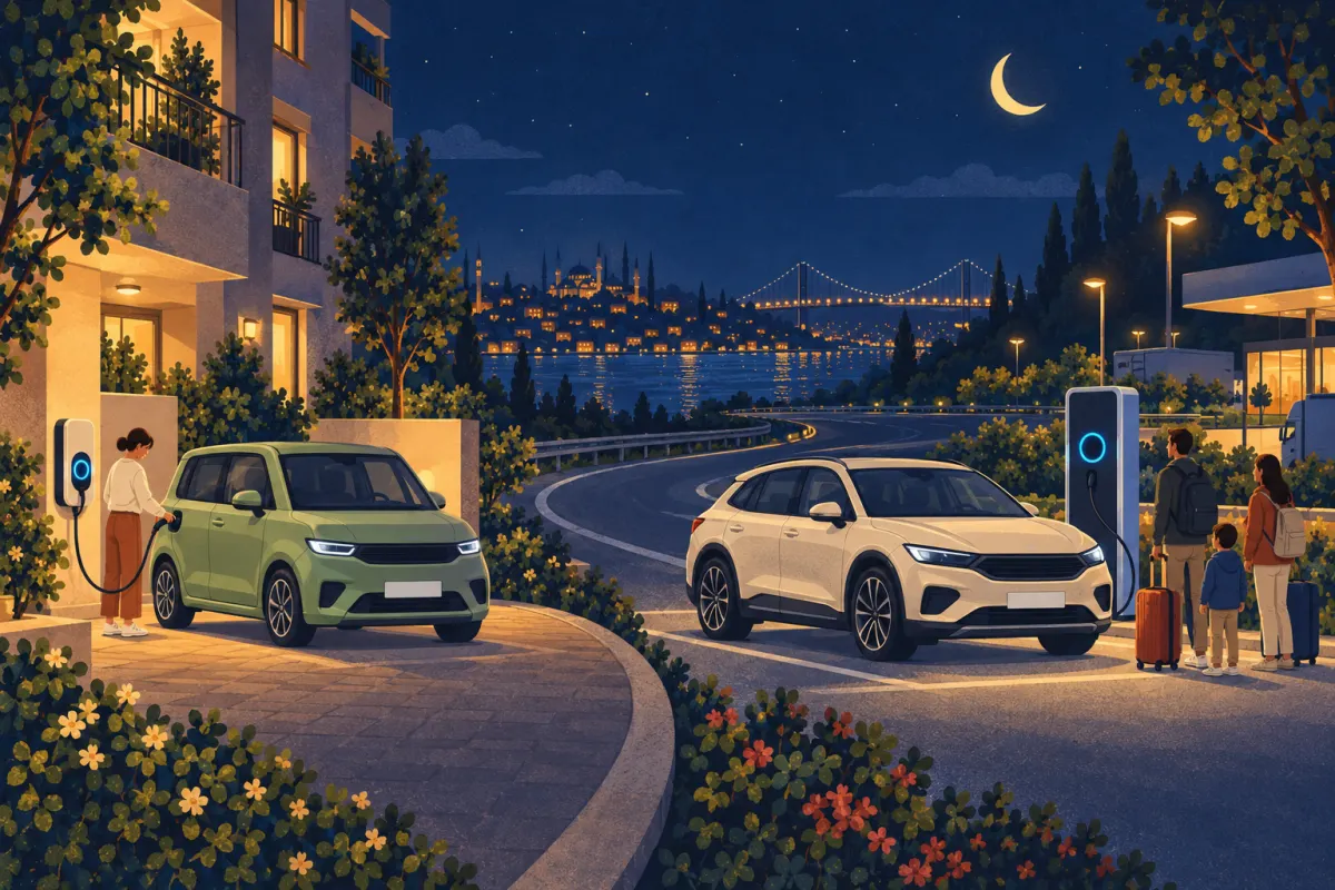 Illustration: a small electric car charging in an apartment courtyard and a family waiting by a fast charger at night