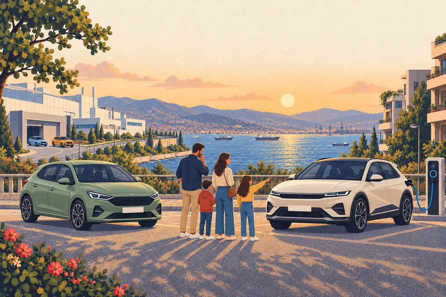 Illustration: a family between a small hatchback and an electric crossover beside the Gulf of İzmit, with a factory and apartment charger behind them