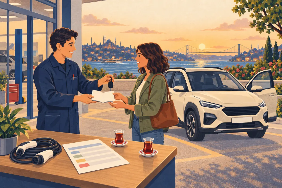 Illustration: a buyer receives a blank service booklet and keys beside an unbranded car, with a quote and charging cable on the desk