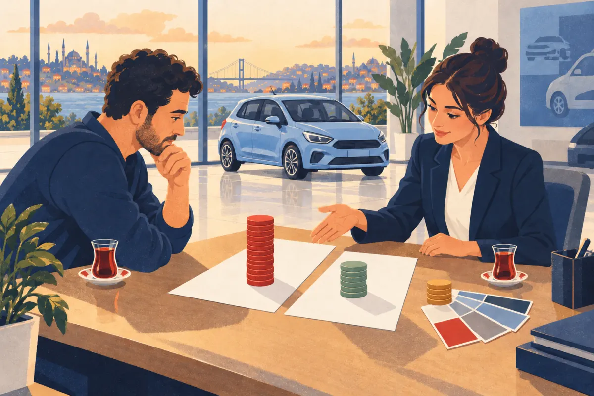 Illustration: a buyer and adviser compare blank quote sheets with different coin stacks and a separate pile beside paint swatches