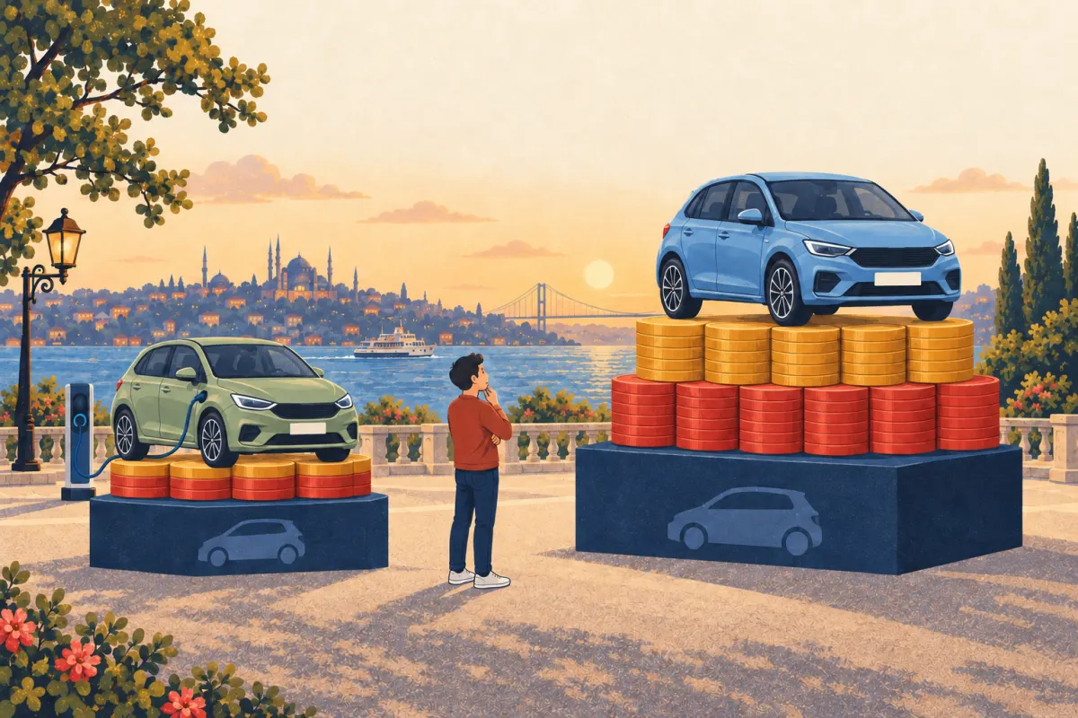 Illustration: two unbranded cars on navy, red and amber coin platforms representing the car, ÖTV and KDV